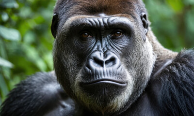 Obraz premium A close-up shot of a gorilla in its natural habitat, perfect for use in wildlife or conservation-themed projects