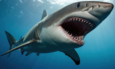 Fototapeta premium A close-up shot of a shark with its mouth open, showing its sharp teeth
