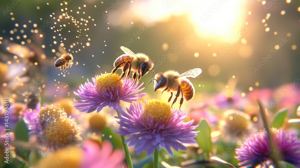 Poster close-up of bees harvesting pollen from colorful flowers, glowing warmth and teamwork on display