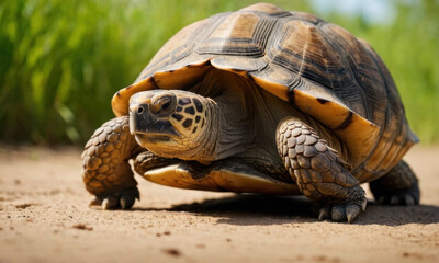 Fototapeta premium A tortoise slowly walks along a dirt road in a natural environment