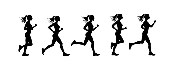 hand-drawn silhouette vector set featuring woman in various dynamic running poses.