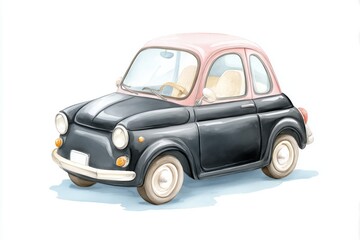 Watercolor black car in soft pastel colors isolated on white background, for children