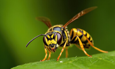 Naklejka premium A close-up shot of a wasp perched on a leaf, highlighting its tiny details and natural habitat