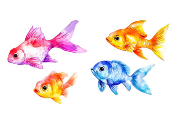 Fototapeta premium Set of cute colorful cartoon watercolor fishes. Collection of bright see, river and lake fish for textile design, kids print, decoration, poster, banner, sticker