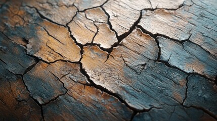 Fototapeta premium Close-up of deeply cracked, multicolored wooden surface.