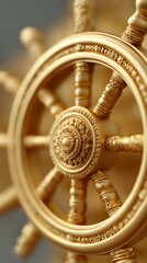 Buddhist educational artwork Close-up of an ornate golden wheel, symbolizing guidance and tradition, with intricate details showcasing craftsmanship.