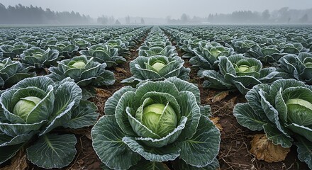 Cabbage Field Growing in Rows on a Foggy Day