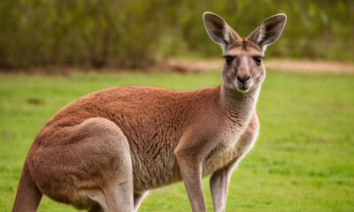 Fototapeta premium A kangaroo stands in a sunny grassy field, possibly waiting for food or looking around
