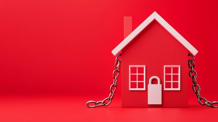 Housing crisis impact economic. A red house model with chains and a padlock, symbolizing security, protection, or restricted access, against a solid red background.