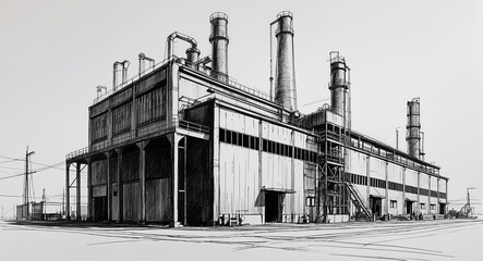 Industrial factory building design in sketch hand drawing black and white on plain white background