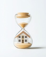 Housing crisis impact economic. A small house inside an hourglass with sand flowing, symbolizing time, home, and urgency.