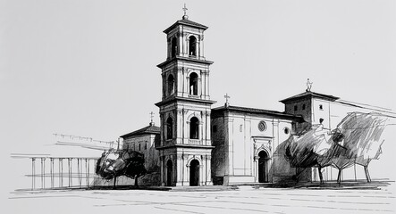 Italian bell tower building design in sketch hand drawing black and white on plain white background