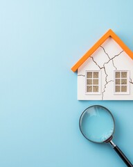 Housing crisis impact economic. A magnifying glass examines a cracked house model on a blue background, symbolizing home inspection or structural damage.