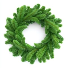 Festive evergreen wreath with vibrant green needles on a clean white surface view
