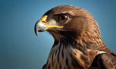 A close-up shot of a bird of prey soaring through the clear blue sky