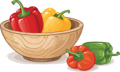 Capsicum in wooden bowl in white background, Capsicum Illustration vector design