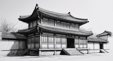 Korean hanok traditional house building design in sketch hand drawing black and white on plain white background