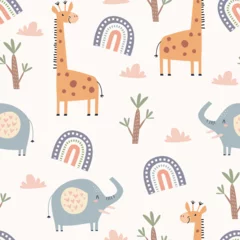 Gardinen Kinderzimmer Muster  Childish and playful seamless pattern with cute giraffe, elephant, rainbow, cloud and tree. Vector illustration for kids or baby apparel,  textile, nursery, wrapping paper, kindergarten and other  © NEMR Studio