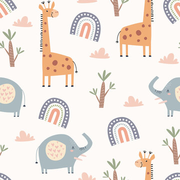 Fototapeta Childish and playful seamless pattern with cute giraffe, elephant, rainbow, cloud and tree. Vector illustration for kids or baby apparel,  textile, nursery, wrapping paper, kindergarten and other