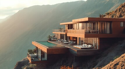 Luxury cliffside house with modern swimming pool, overlooking the mountains, background wallpaper AI generated image