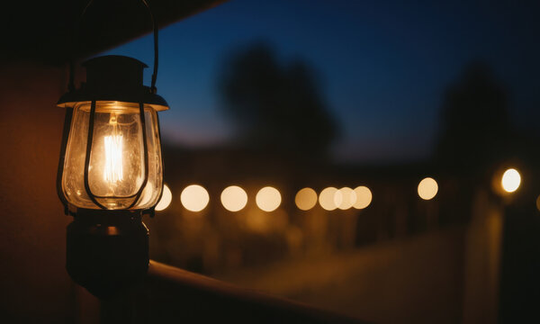 A lantern shining brightly on a railing