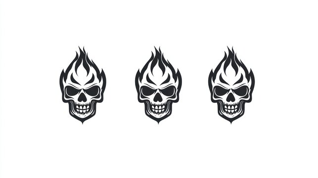 Three flaming skulls design; white background; graphic design