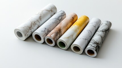 Fototapeta premium Decorative marble vinyl paper rolls neatly stacked, ideal for kitchen and bathroom projects