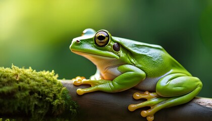 Fototapeta premium vibrant green frog resting on a branch with focus and a blurred green background