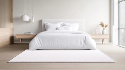 A cozy bedroom with a neatly made white bed, minimalist decor, and natural light streaming through large windows, and serene and modern interior design.