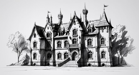 Obraz premium Medieval fantasy castle mansion building design in sketch hand drawing black and white on plain white background