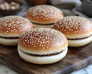 Four sesame-seed buns with patties on wood