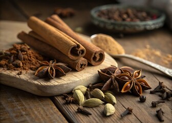 Cinnamon sticks and star anise, fragrant brown spices with a warm, aromatic flavor, are classic Christmas food ingredients