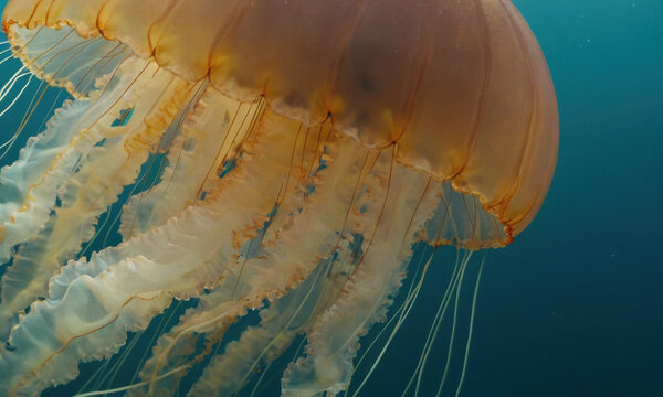 A jellyfish swimming in the ocean with a blue background, great for underwater or aquatic themed projects - Powered by Adobe