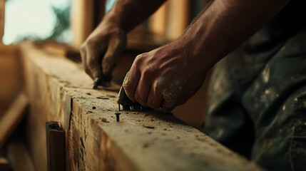 Close-up of a Carpenter Working with Wood