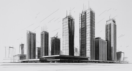 Modern skyscraper building design in sketch hand drawing black and white on plain white background