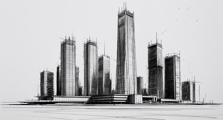 Modern skyscraper building design in sketch hand drawing black and white on plain white background