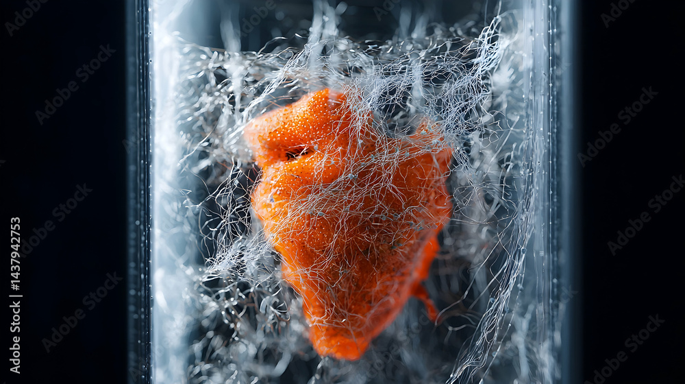 Poster a macro shot of an orange object encased in a transparent container surrounded by delicate silver th
