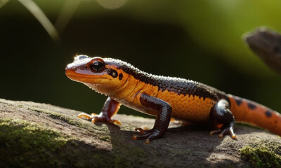 Obraz premium A small orange and black lizard sits on a rock, looking around