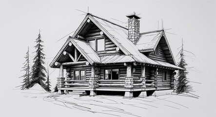 Mountain log cabin house building design in sketch hand drawing black and white on plain white background