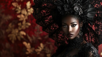 Elegant gothic woman wearing dark lace dress, with dramatic makeup, background wallpaper AI generated image
