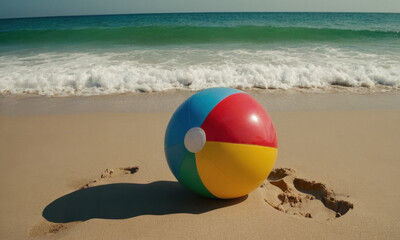 Obraz premium A colorful beach ball lying on a sandy beach near the ocean, ideal for summer and outdoor themes