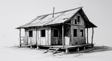 Old worn out shack house building design in sketch hand drawing black and white on plain white background