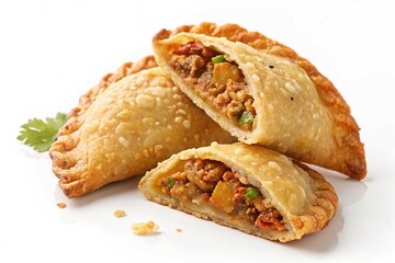 Two crispy fried empanadas isolated on white background