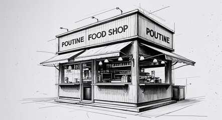Poutine food stall shop building design in sketch hand drawing black and white on plain white background