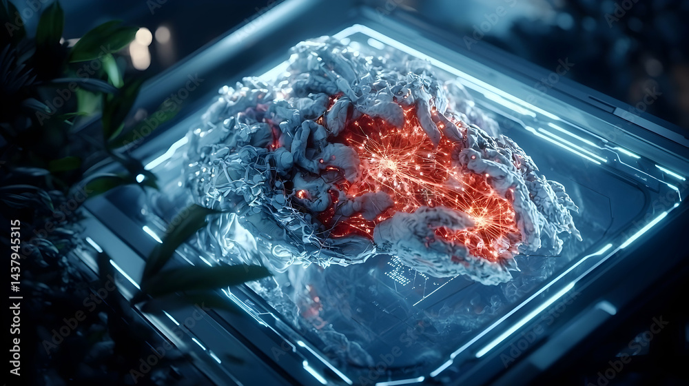 Poster this image portrays a futuristic concept of a brain encased in a high-tech container emphasizing tec
