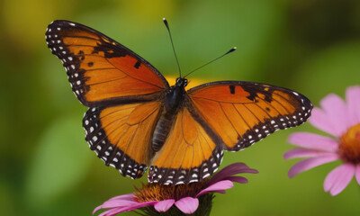Fototapeta premium A butterfly perched on the center of a bright pink flower, surrounded by greenery
