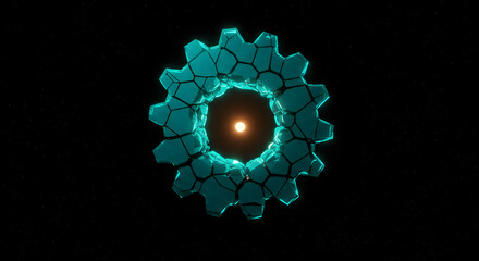 Fractured Cogwheel With Glowing Core In The Void Background 3d Rendering