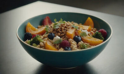 A colorful bowl filled with cereal and fresh fruit on a table