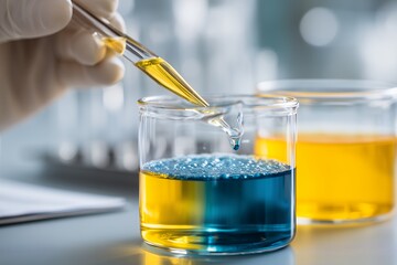 A gloved hand using a pipette to mix blue and yellow liquids in a glass beaker, a science lab concept for research and development