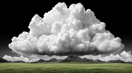 Dramatic Monochrome Landscape Photo Huge Cumulus Clouds Over Green Field Mountain Range Background Nature Photography Dark Sky Stunning Cloud         